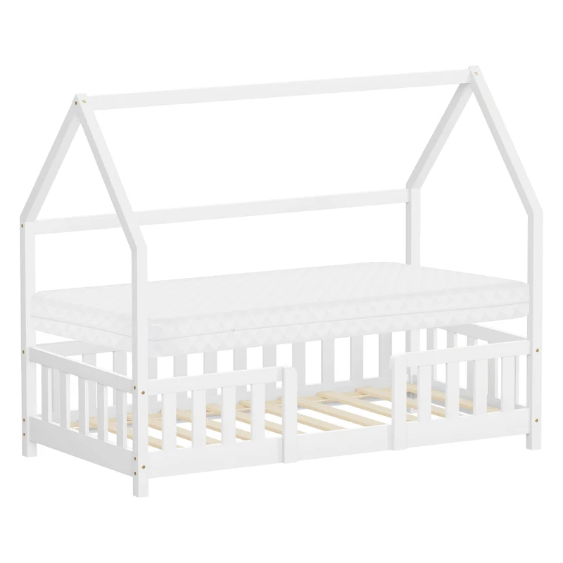 ML-Design | Kinderbett mit Dach, Rausfallschutz und Lattenrost, mit/ohne Matratze, aus Kiefernholz, Hausbett, Holzbett