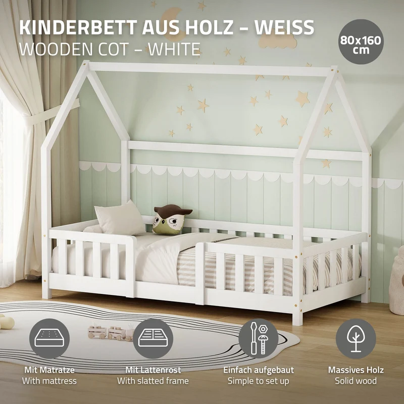 Kinderbett Hausbett 80x160 cm Weiß aus Kiefernholz inkl. Matratze H-10cm Rausfallschutz Dach und Lattenrost ML-Design