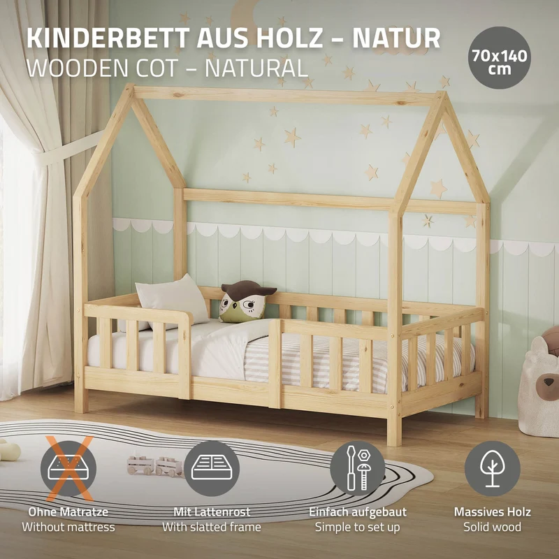 Kinderbett Hausbett 70x140 cm aus Kiefernholz Natur mit Rausfallschutz Dach und Lattenrost Holzbett ML-Design