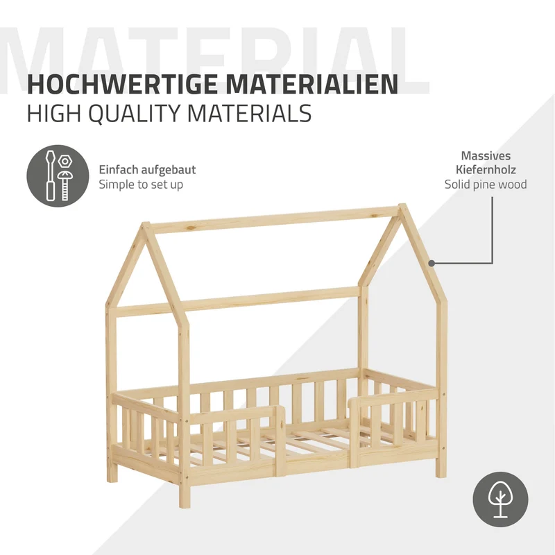 Kinderbett Hausbett 70x140 cm aus Kiefernholz Natur mit Rausfallschutz Dach und Lattenrost Holzbett ML-Design