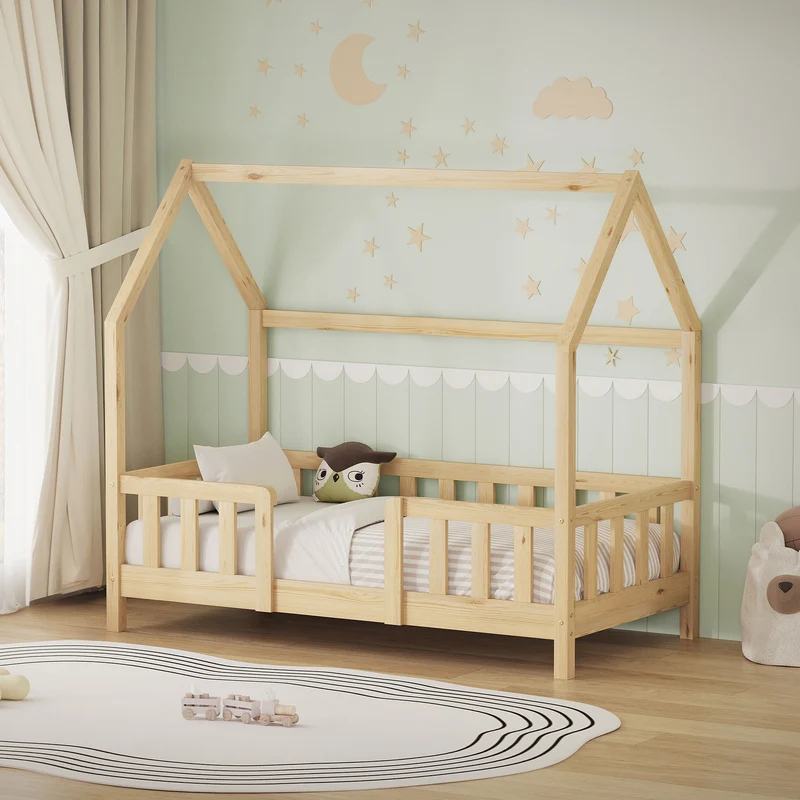 Kinderbett Hausbett 70x140 cm aus Kiefernholz Natur mit Rausfallschutz Dach und Lattenrost Holzbett ML-Design