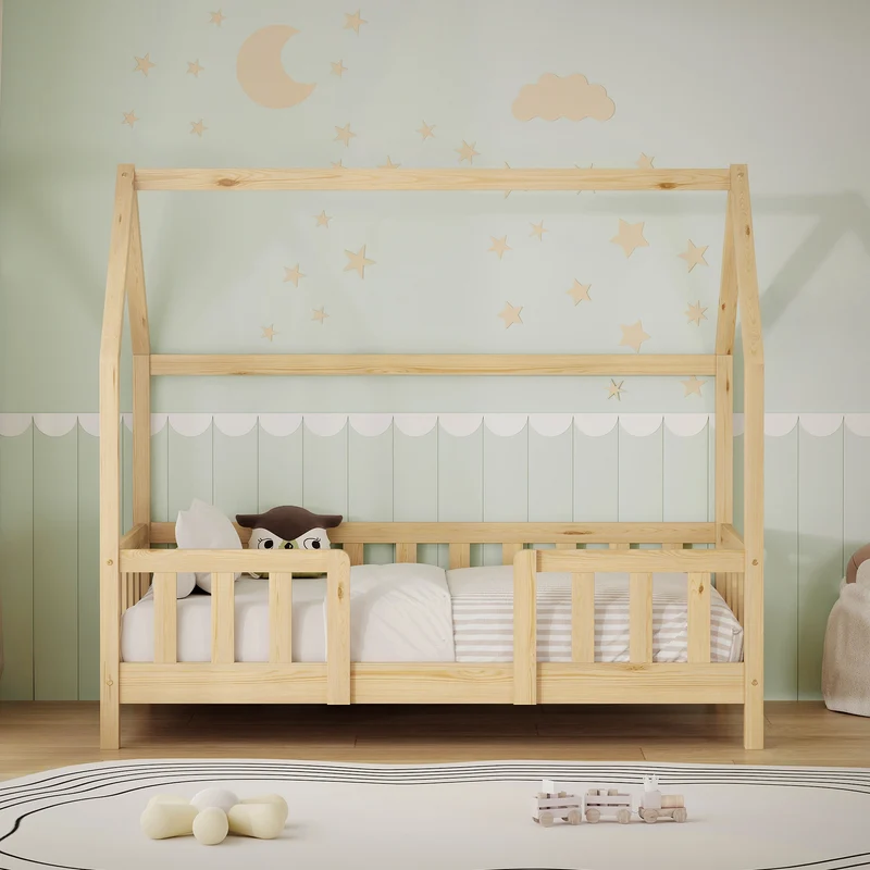 Kinderbett Hausbett 70x140 cm aus Kiefernholz Natur mit Rausfallschutz Dach und Lattenrost Holzbett ML-Design