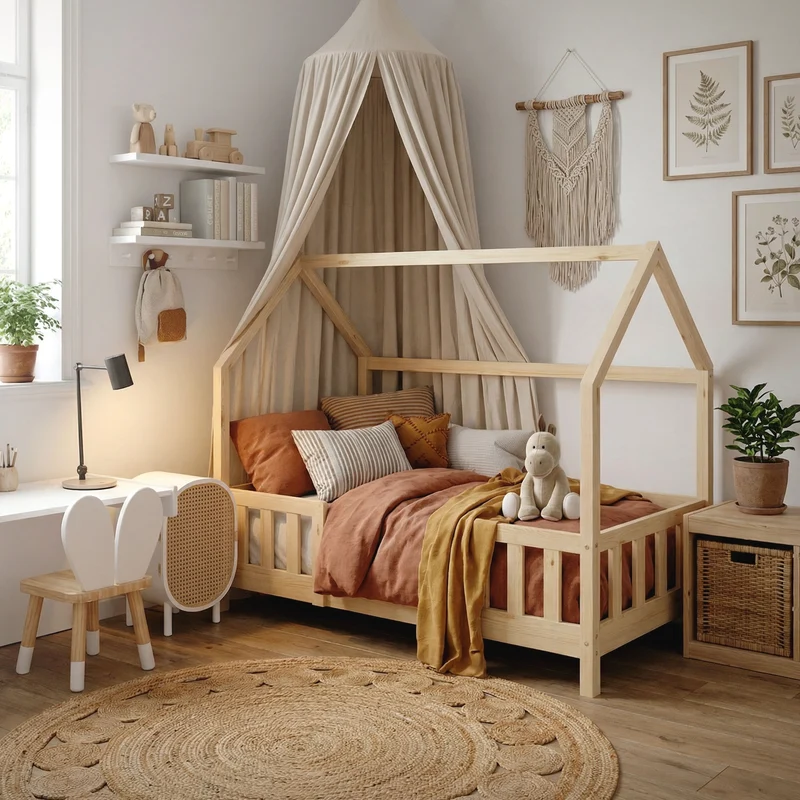 Kinderbett Hausbett 70x140 cm aus Kiefernholz Natur mit Rausfallschutz Dach und Lattenrost Holzbett ML-Design