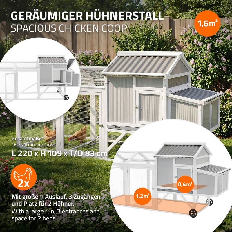 Mobiler Hühnerstall mit Auslauf & Rollen, Großes Hühnerhaus winterfest aus Massivholz XXL 83x220x109 cm Geflügelstall mit Freilaufgehege & Nistkasten