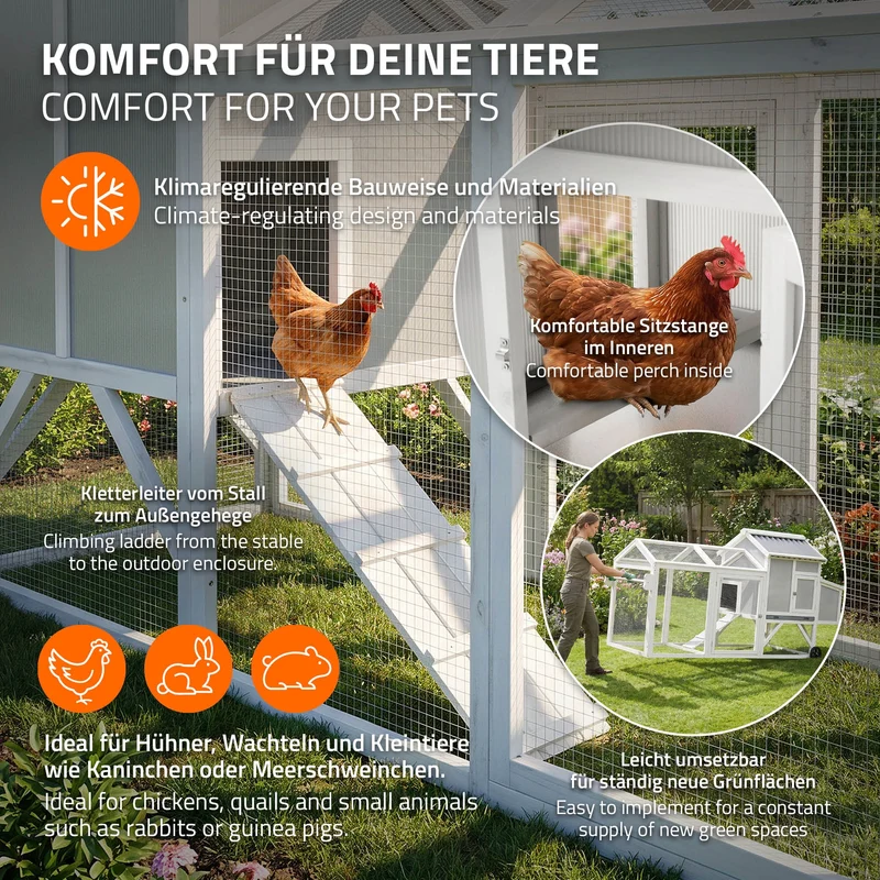 Mobiler Hühnerstall mit Auslauf & Rollen, Großes Hühnerhaus winterfest aus Massivholz XXL 83x220x109 cm Geflügelstall mit Freilaufgehege & Nistkasten