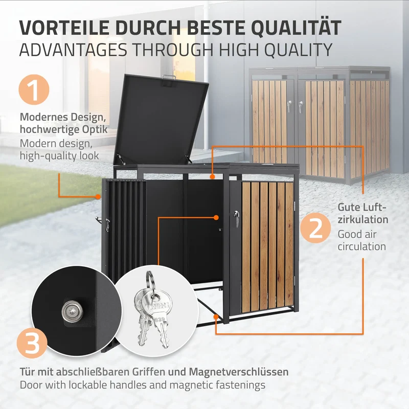Mülltonnenbox 4er bis 240L 264x80x120 cm aus Stahl in Eichenoptik ML-Design