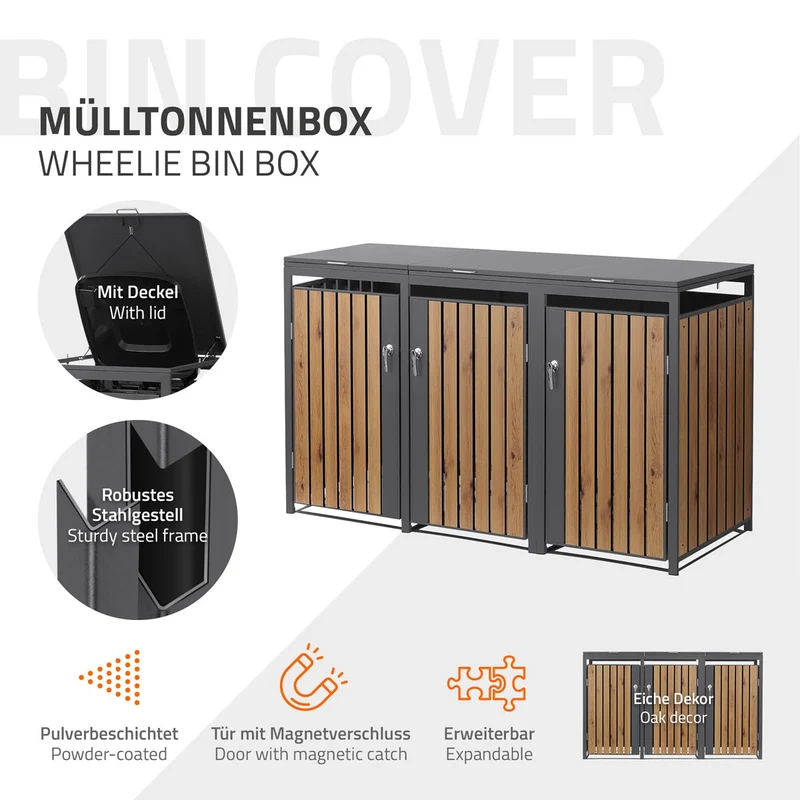 Mülltonnenbox 3er bis 240L 200x80x120 cm aus Stahl in Eichenoptik ML-Design