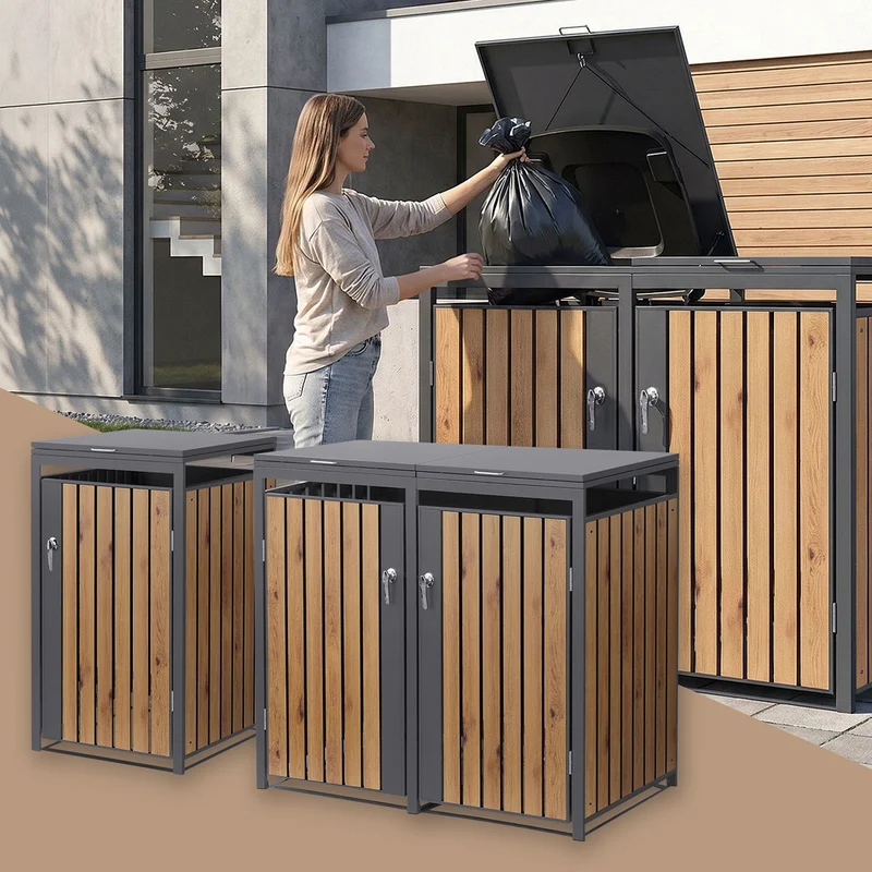 Mülltonnenbox 3er bis 240L 200x80x120 cm aus Stahl in Eichenoptik ML-Design