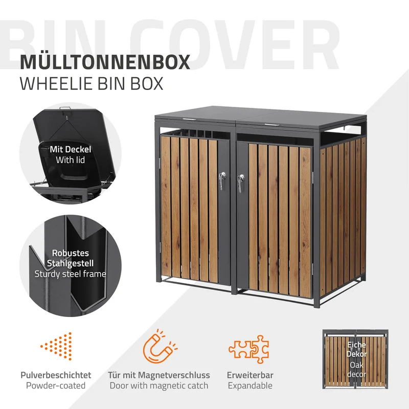 Mülltonnenbox 2er bis 240L 132x80x120 cm aus Stahl in Eichenoptik ML-Design