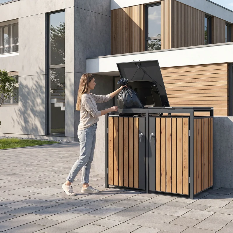 Mülltonnenbox 2er bis 240L 132x80x120 cm aus Stahl in Eichenoptik ML-Design