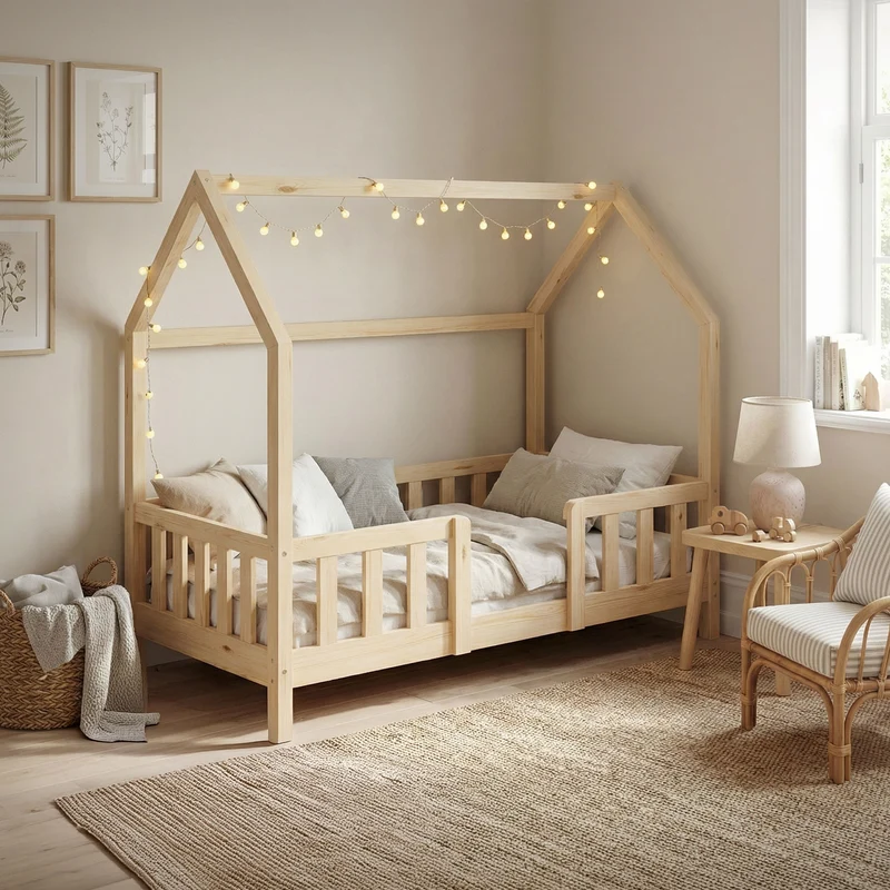 ML-DESIGN | Hausbett mit Rausfallschutz & Lattenrost, B-Ware 70x140cm Holz Natur Kinderbett & Montessori Bodenbett für Kleinkinder