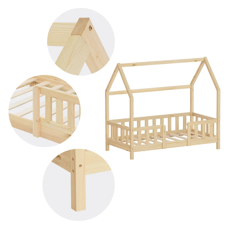 ML-DESIGN | Hausbett mit Rausfallschutz & Lattenrost, B-Ware 70x140cm Holz Natur Kinderbett & Montessori Bodenbett für Kleinkinder
