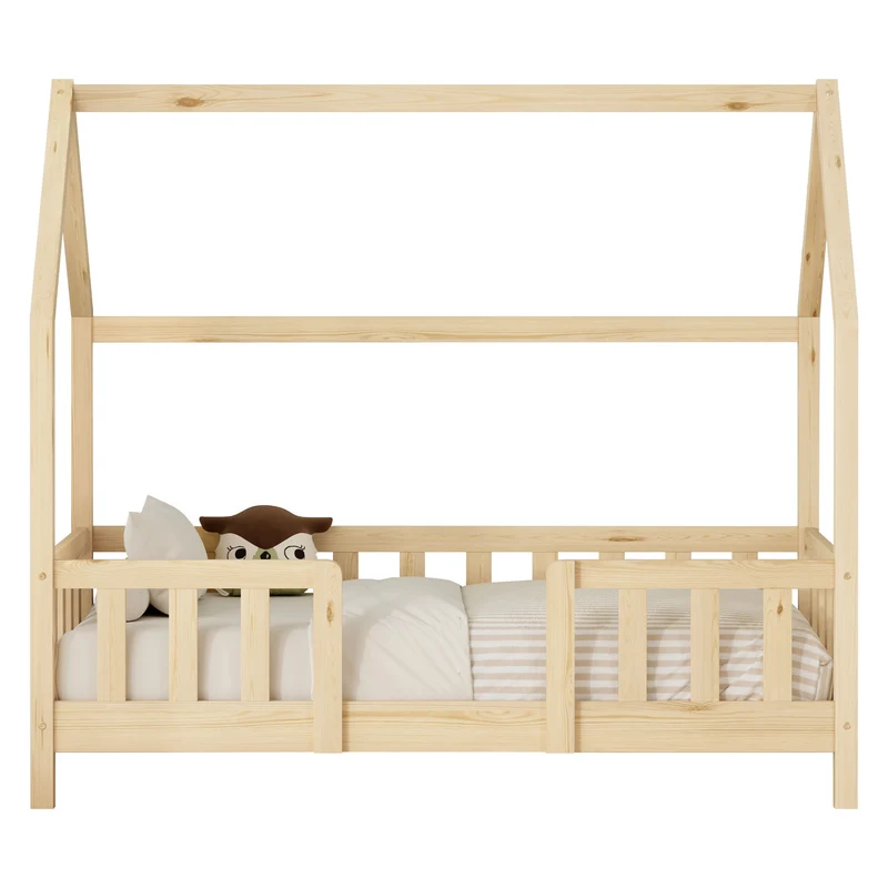 ML-DESIGN | Hausbett mit Rausfallschutz & Lattenrost, B-Ware 70x140cm Holz Natur Kinderbett & Montessori Bodenbett für Kleinkinder
