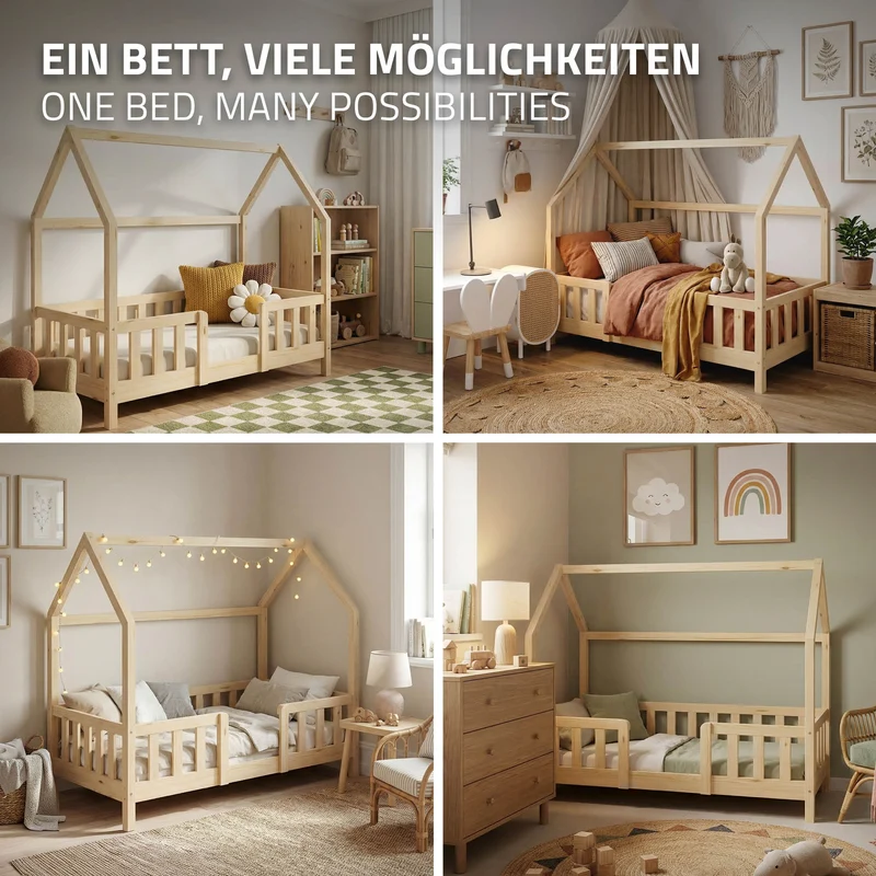 ML-DESIGN | Hausbett mit Rausfallschutz & Lattenrost, B-Ware 70x140cm Holz Natur Kinderbett & Montessori Bodenbett für Kleinkinder
