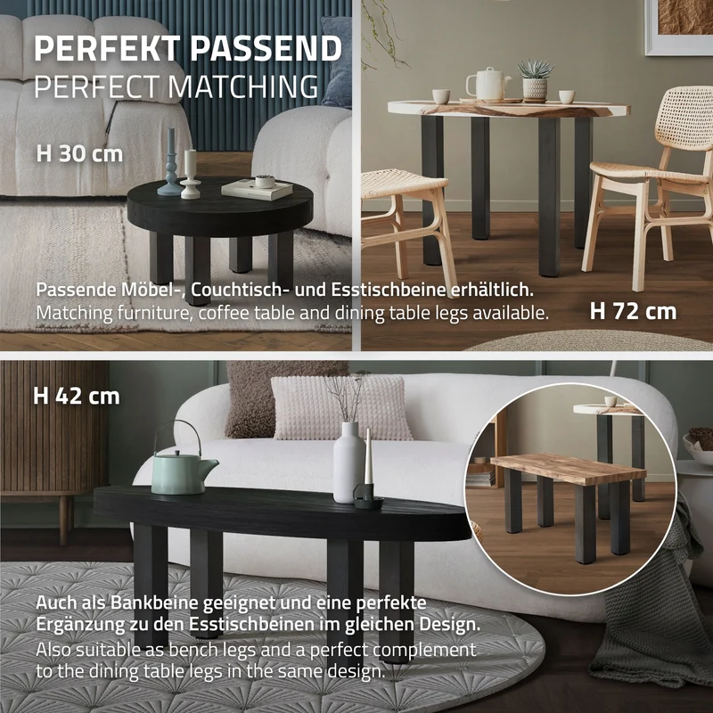 4er Set Tischbeine I-Design 90cm Industrial Tischgestell aus pulverbeschichteter Stahl, Profil 8x8cm, höhenverstellbare Möbelfüße ML-Design