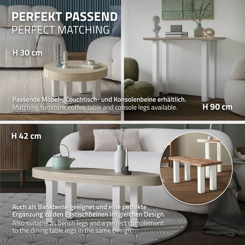 4er Set Tischbeine I-Design 72cm Weiß glänzend höhenverstellbare Tischgestell aus pulverbeschichteter Stahl, Profil 8x8cm, ML-Design