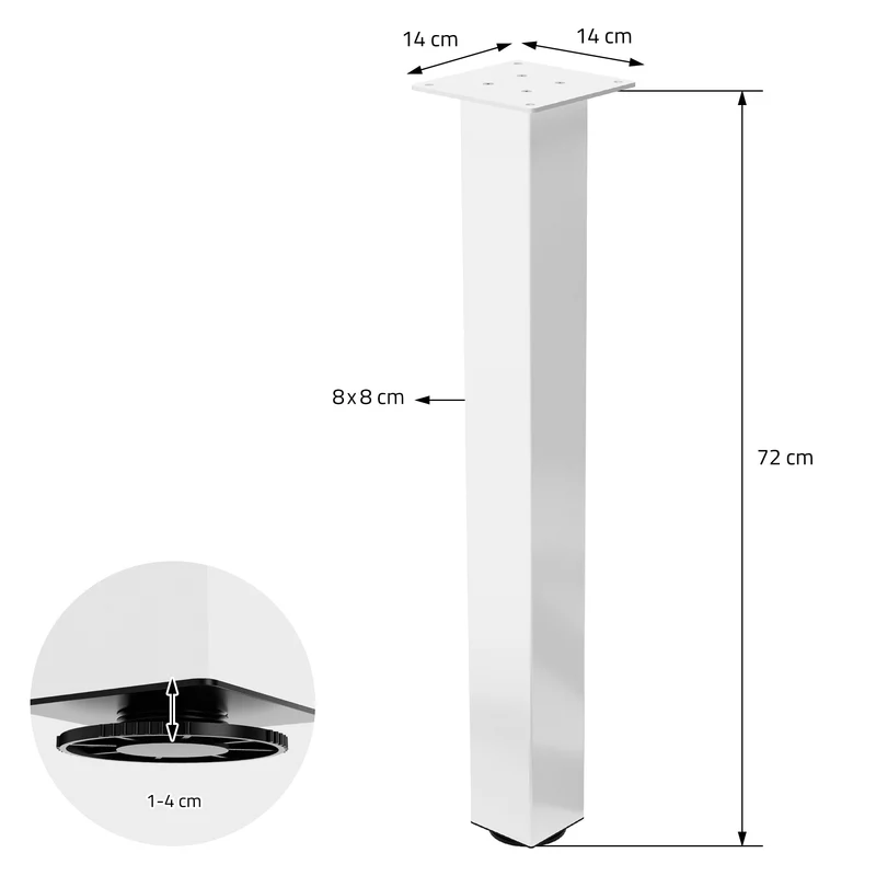 4er Set Tischbeine I-Design 72cm Weiß glänzend höhenverstellbare Tischgestell aus pulverbeschichteter Stahl, Profil 8x8cm, ML-Design