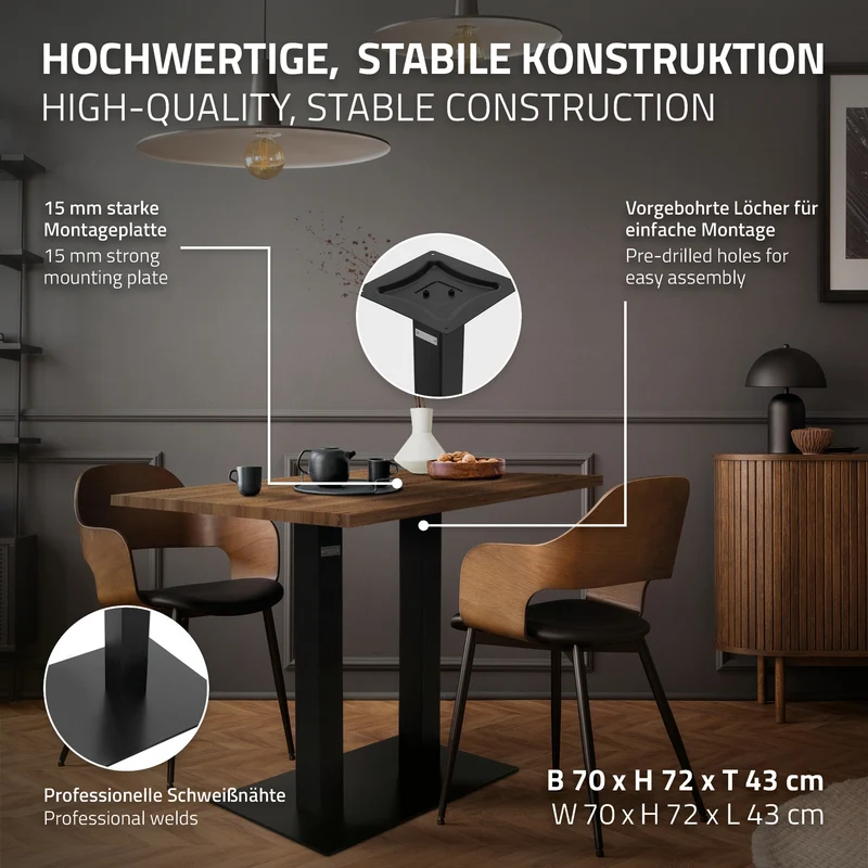 Tischgestell Doppel Schwarz Höhe 72cm Stahl pulverbeschichtet 70x43cm Bodenplatte ML-Design