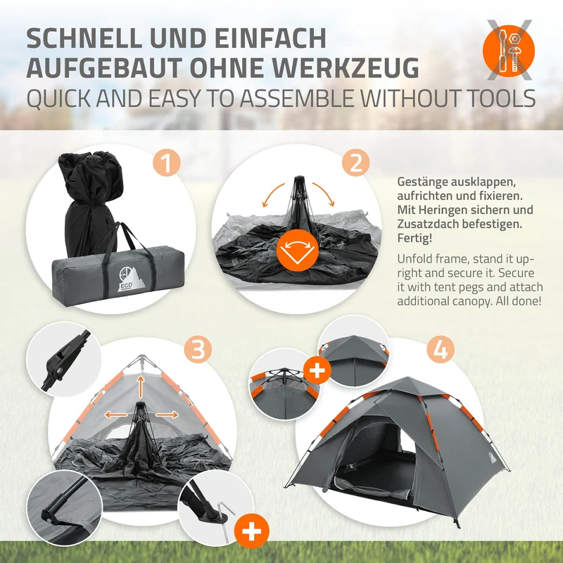 Pop-Up Zelt für 4 Personen, Campingzelt Outdoor Grau, Kuppelzelt doppelwandig mit 2 Türen, Wurfzelt wasserdicht & winddicht mit Tragetasche