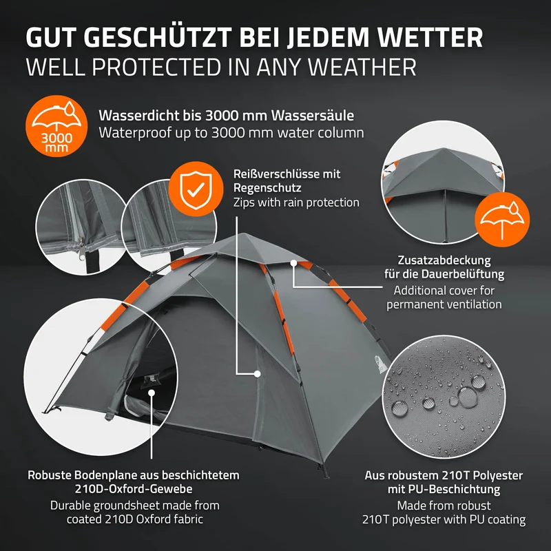 Pop-Up Zelt für 4 Personen, Campingzelt Outdoor Grau, Kuppelzelt doppelwandig mit 2 Türen, Wurfzelt wasserdicht & winddicht mit Tragetasche