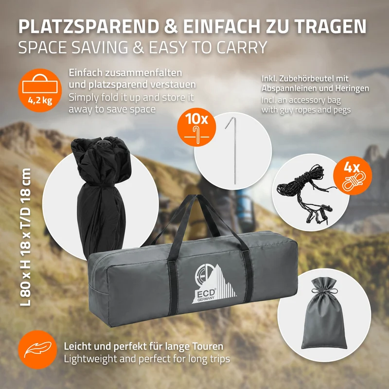 Pop-Up Zelt für 4 Personen, Campingzelt Outdoor Grau, Kuppelzelt doppelwandig mit 2 Türen, Wurfzelt wasserdicht & winddicht mit Tragetasche