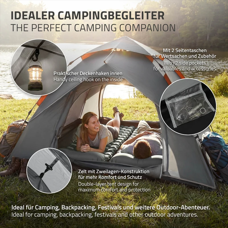 Pop-Up Zelt für 4 Personen, Campingzelt Outdoor Grau, Kuppelzelt doppelwandig mit 2 Türen, Wurfzelt wasserdicht & winddicht mit Tragetasche