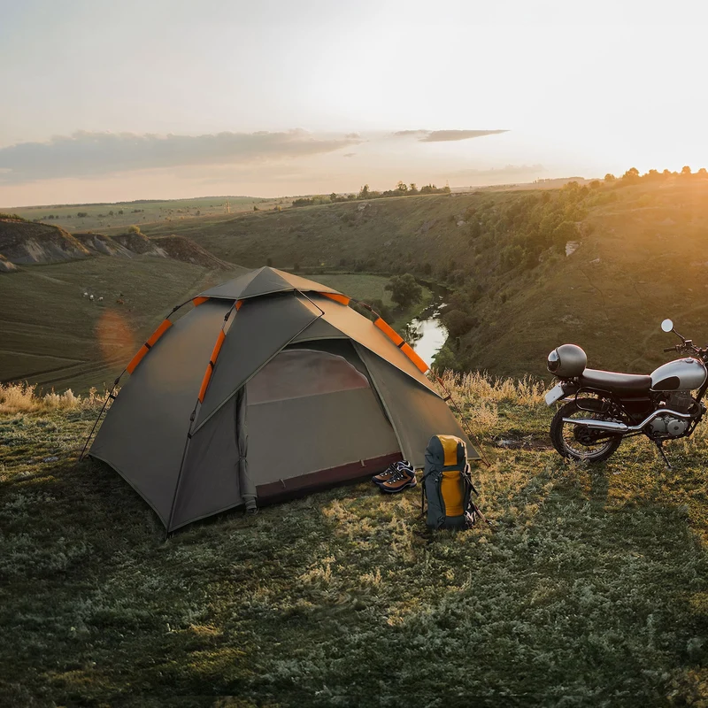 Pop-Up Zelt für 4 Personen, Campingzelt Outdoor Grau, Kuppelzelt doppelwandig mit 2 Türen, Wurfzelt wasserdicht & winddicht mit Tragetasche