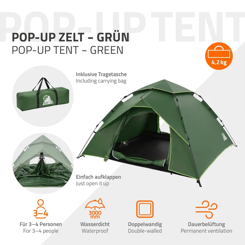 Pop-Up Zelt für 4 Personen, Campingzelt Outdoor Grün, Kuppelzelt doppelwandig mit 2 Türen, Wurfzelt wasserdicht & winddicht mit Tragetasche