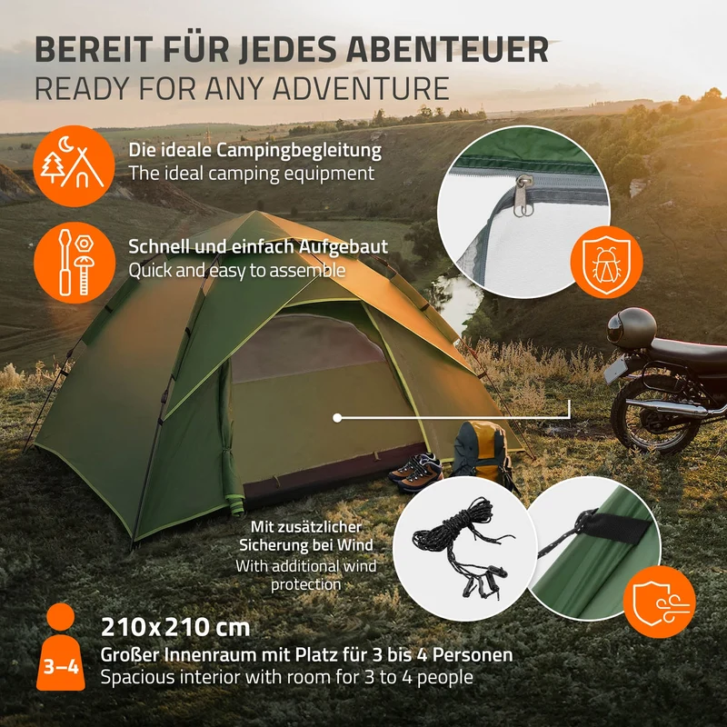 Pop-Up Zelt für 4 Personen, Campingzelt Outdoor Grün, Kuppelzelt doppelwandig mit 2 Türen, Wurfzelt wasserdicht & winddicht mit Tragetasche
