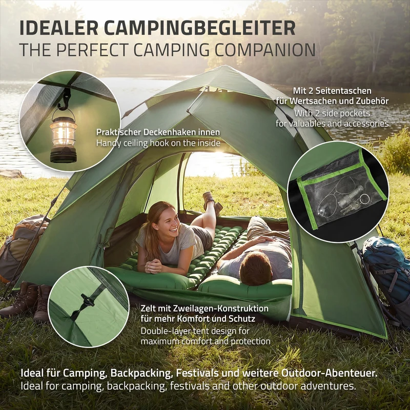 Pop-Up Zelt für 4 Personen, Campingzelt Outdoor Grün, Kuppelzelt doppelwandig mit 2 Türen, Wurfzelt wasserdicht & winddicht mit Tragetasche