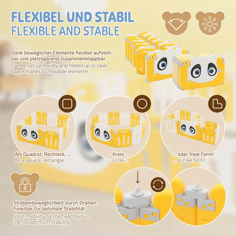 Laufgitter Baby Laufstall 240x240 cm Weiß, Gelb Panda Faltbar Krabbelgitter Joyz