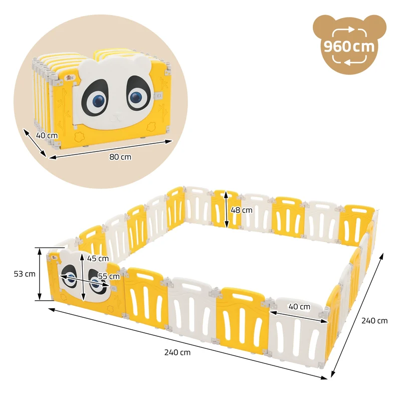 Laufgitter Baby Laufstall 240x240 cm Weiß, Gelb Panda Faltbar Krabbelgitter Joyz