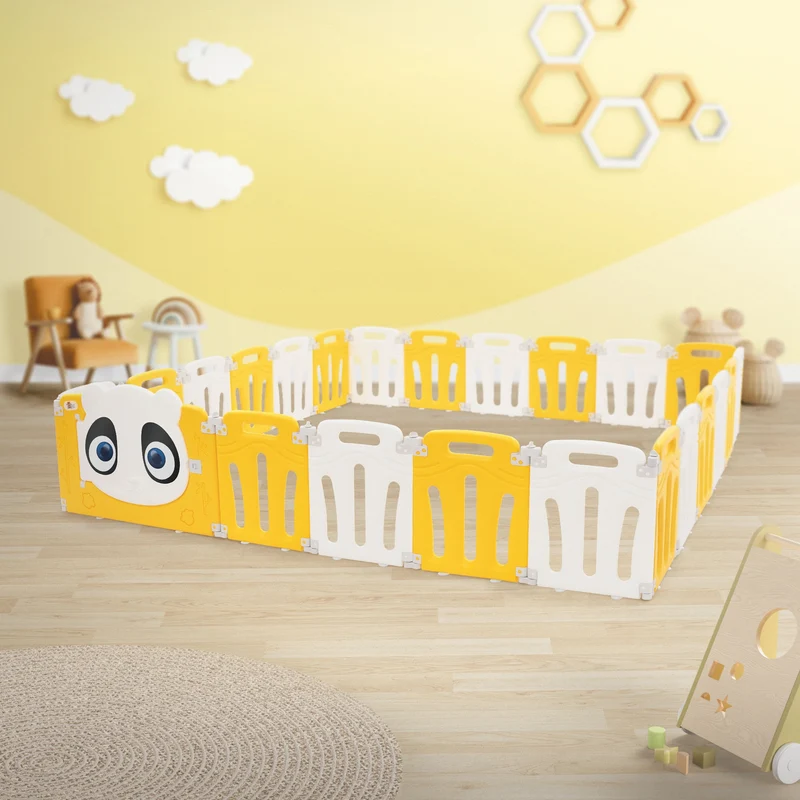 Laufgitter Baby Laufstall 240x240 cm Weiß, Gelb Panda Faltbar Krabbelgitter Joyz