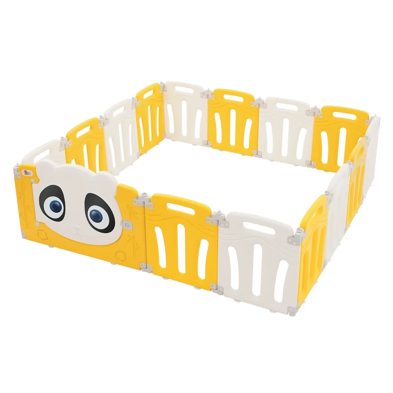 Joyz | Laufgitter Baby Laufstall Faltbar, aus HDPE- und PP-Kunststoff, Weiß-Gelb Panda, Krabbelgitter Babyzaun Kinderlaufstall