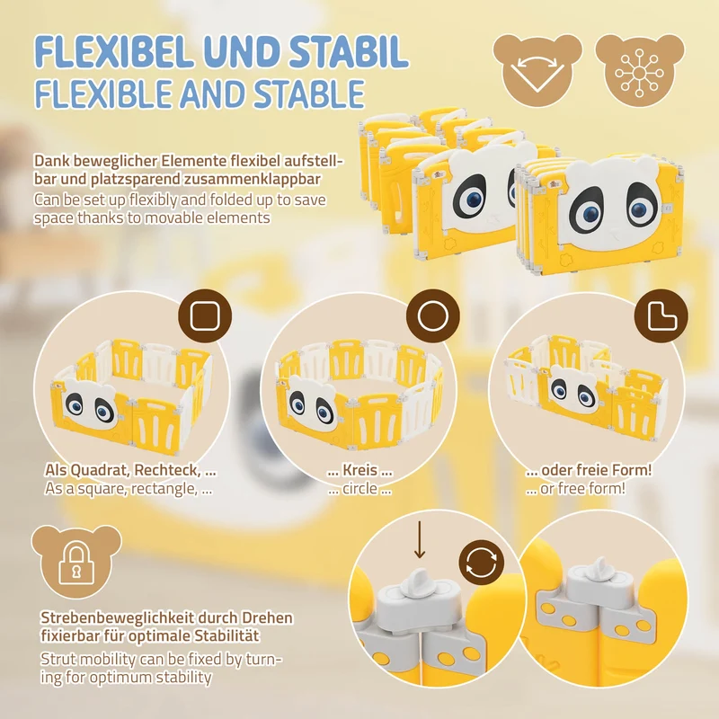 Laufgitter Baby Laufstall 160x160 cm Weiß, Gelb Panda Faltbar Krabbelgitter Joyz