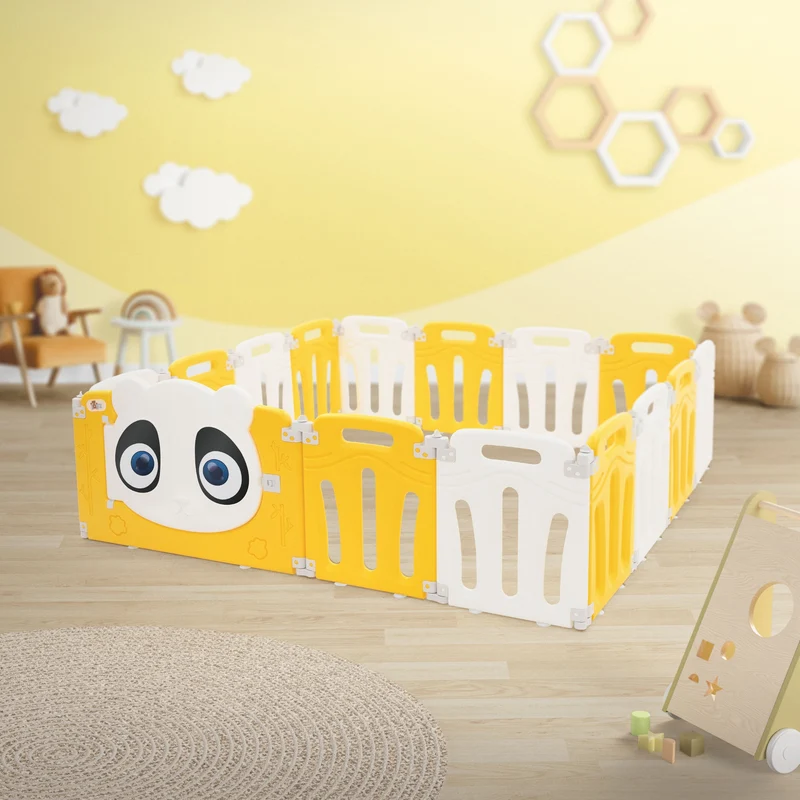 Laufgitter Baby Laufstall 160x160 cm Weiß, Gelb Panda Faltbar Krabbelgitter Joyz