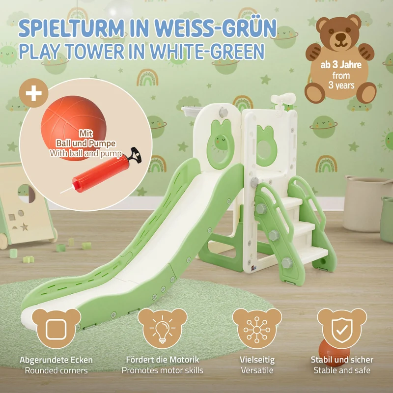 Kinder Spielturm Grün-Weiß 3in1mit Rutsche, Basketballkorb und Kletterwand Indoor/Outdoor ab 3 Jahren Joyz