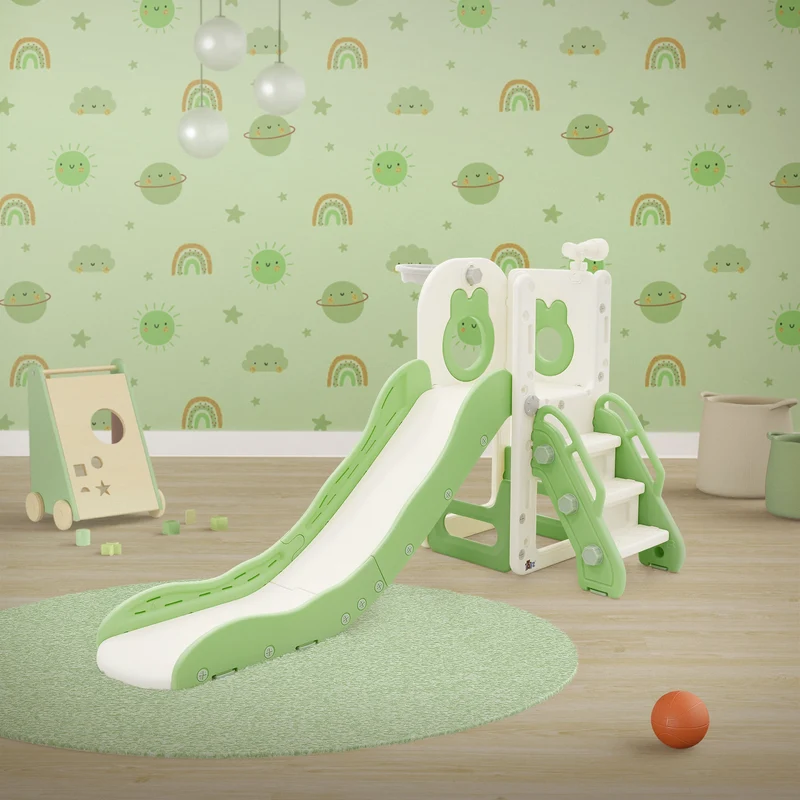 Kinder Spielturm Grün-Weiß 3in1mit Rutsche, Basketballkorb und Kletterwand Indoor/Outdoor ab 3 Jahren Joyz