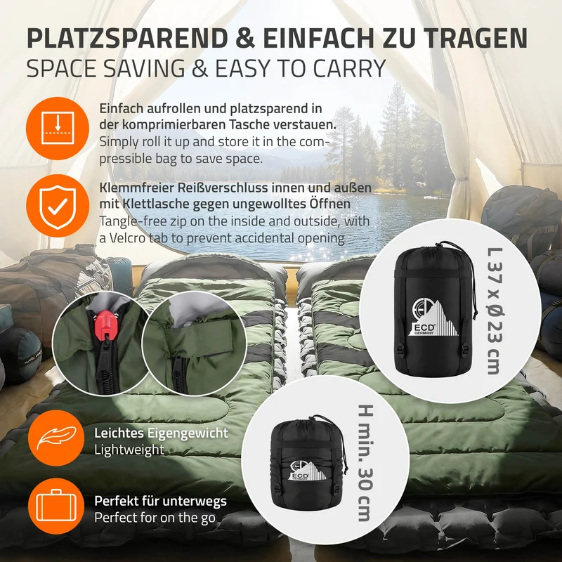 Schlafsack Outdoor für Camping, Khaki, 210 cm, 3 Jahreszeiten für Erwachsene, 2in1 Deckenschlafsäcke Wasserabweisend, Warm, Kompakt & Leicht
