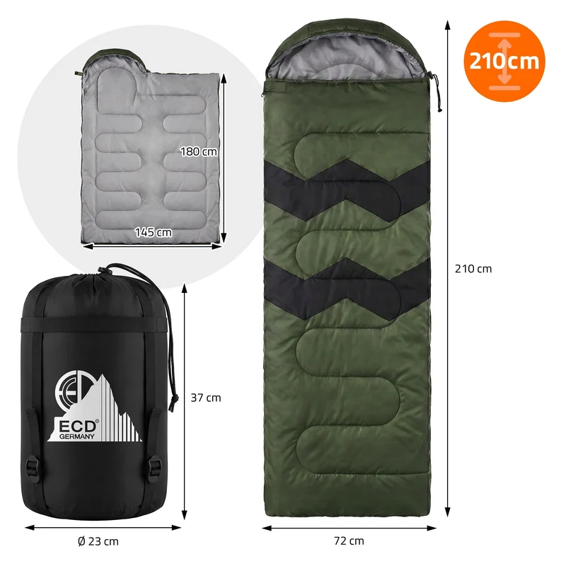 Schlafsack Outdoor für Camping, Khaki, 210 cm, 3 Jahreszeiten für Erwachsene, 2in1 Deckenschlafsäcke Wasserabweisend, Warm, Kompakt & Leicht