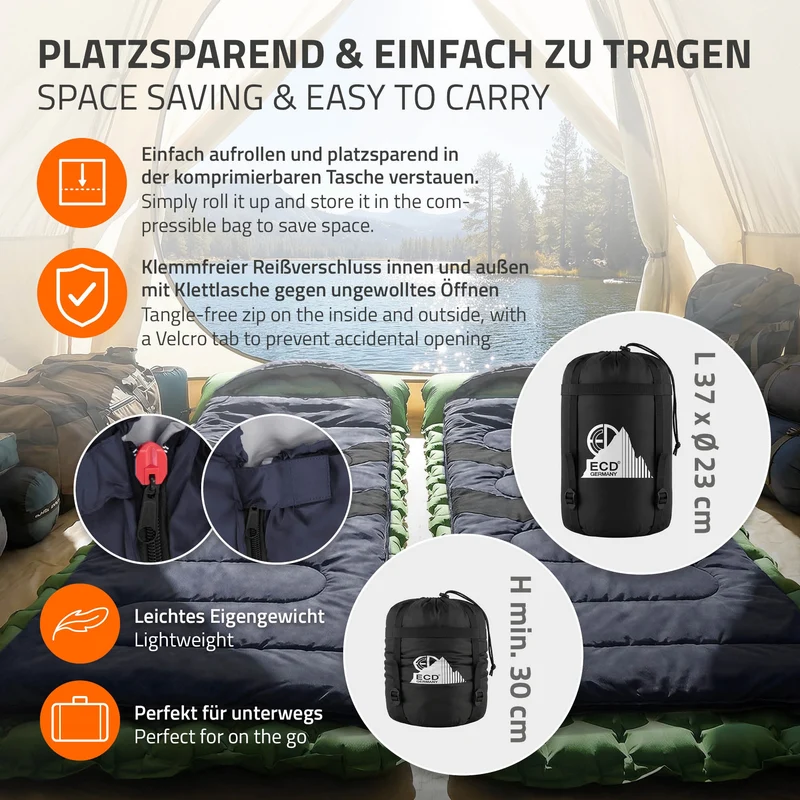 Schlafsack Outdoor für Camping, Dunkelblau, 210 cm, 3 Jahreszeiten für Erwachsene, 2in1 Deckenschlafsäcke Wasserabweisend, Warm, Kompakt & Leicht
