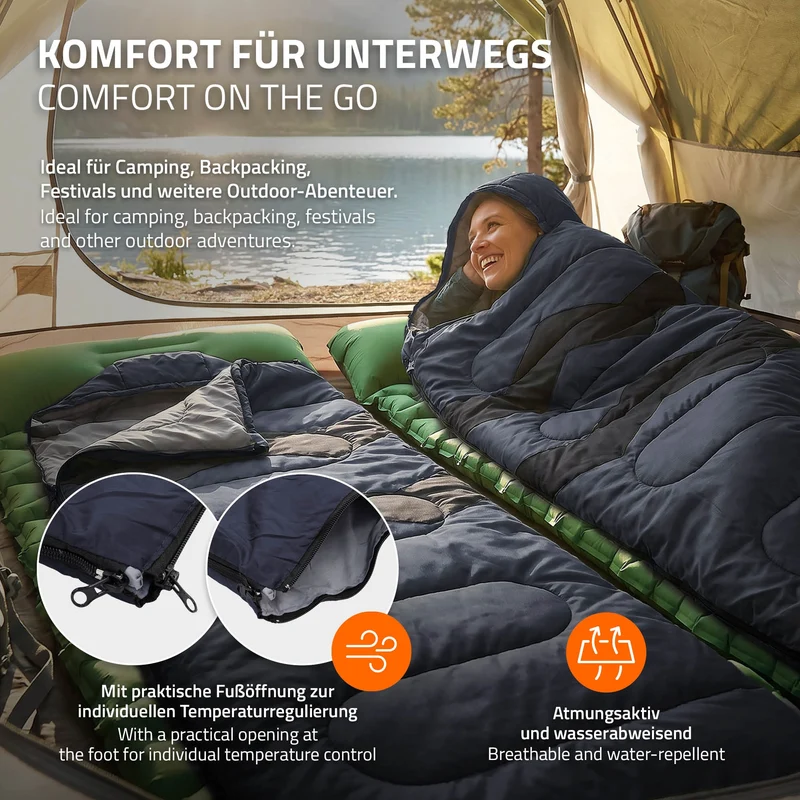 Schlafsack Outdoor für Camping, Dunkelblau, 210 cm, 3 Jahreszeiten für Erwachsene, 2in1 Deckenschlafsäcke Wasserabweisend, Warm, Kompakt & Leicht