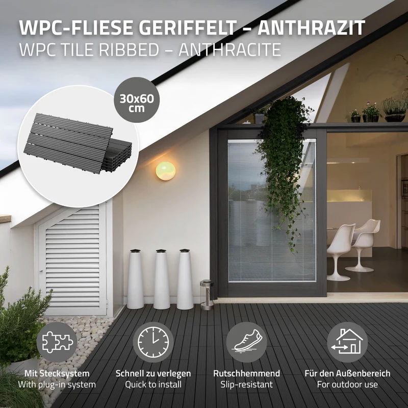 WPC Terrassenfliesen 60x30 cm 18er Set für 3m² Anthrazit in Holzoptik mit Drainage und Klicksystem