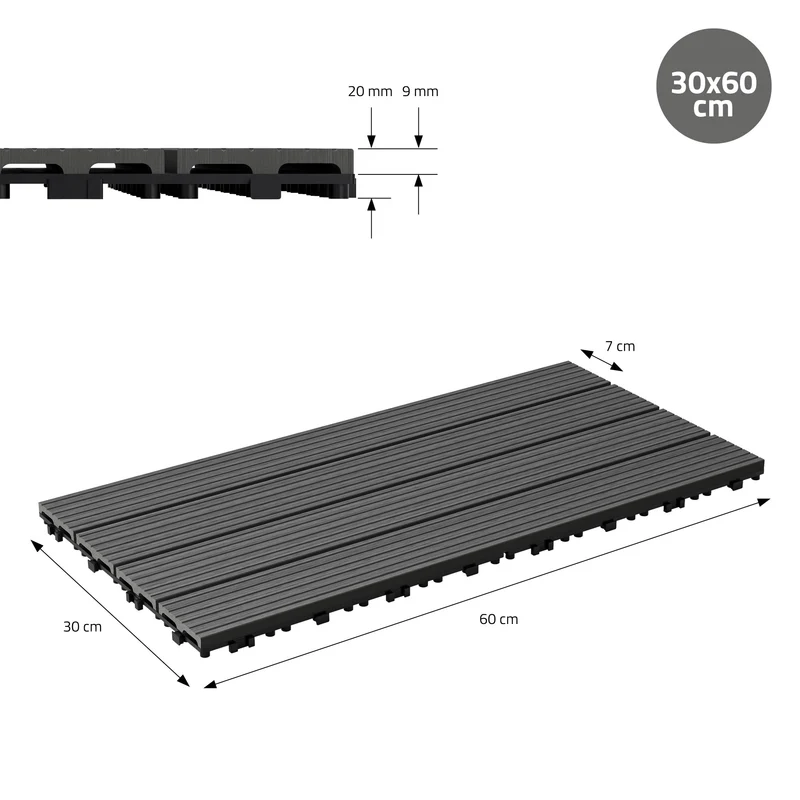 WPC Terrassenfliesen 60x30 cm 18er Set für 3m² Anthrazit in Holzoptik mit Drainage und Klicksystem