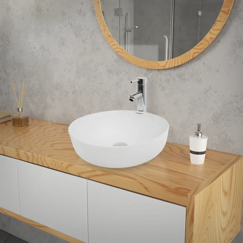 Waschbecken inkl. Ablaufgarnitur Silber ohne Überlauf Ø 40x13,5 cm Weiß aus Keramik LuxeBath
