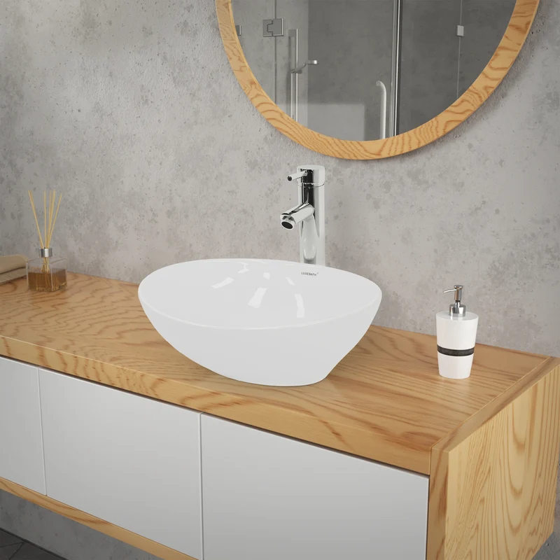 Waschbecken inkl. Ablaufgarnitur Silber ohne Überlauf 41x33x14,2 cm Weiß aus Keramik LuxeBath