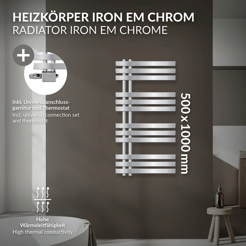 Badheizkörper Mittelanschluss 500x1000 mm Chrome mit Universale Anschlussgarnitur LuxeBath