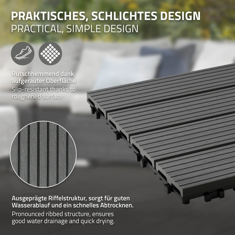 3m² 33 Stück WPC Terrassenfliesen 30x30 cm Anthrazit in Holzoptik Balkon Bodenbelag mit Drainage und Klicksystem Terrassendielen Balkonfliesen
