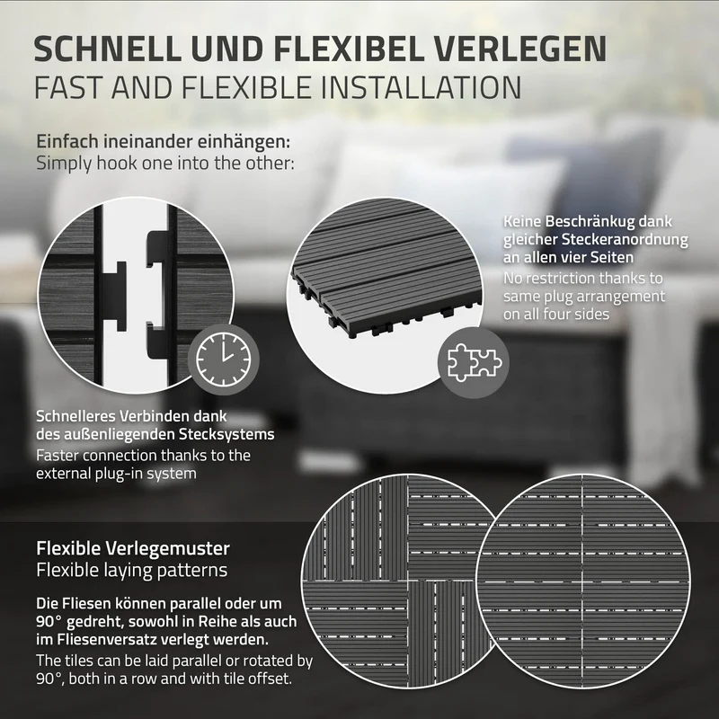 3m² 33 Stück WPC Terrassenfliesen 30x30 cm Anthrazit in Holzoptik Balkon Bodenbelag mit Drainage und Klicksystem Terrassendielen Balkonfliesen