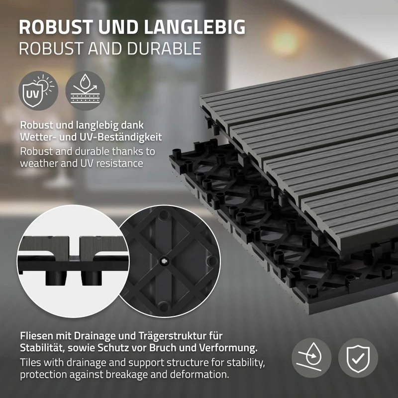 WPC Terrassenfliesen 60x30 cm 30er Set für 5m² Anthrazit in Holzoptik mit Drainage und Klicksystem